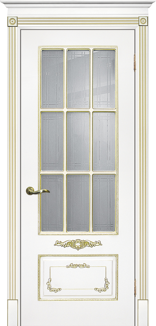 Двери крашеные (Эмаль) ТЕКОНА Смальта 09 со стеклом Белый ral 9003 патина золото размер 200 х 60 см. артикул F0000055230