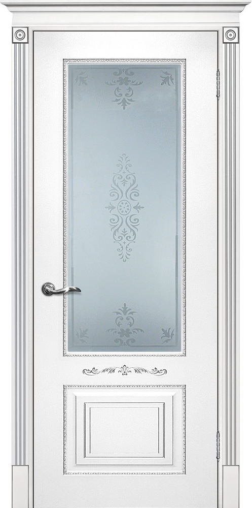 Двери крашеные (Эмаль) ТЕКОНА Смальта 04 со стеклом Белый ral 9003 патина серебро размер 200 х 90 см. артикул F0000052617