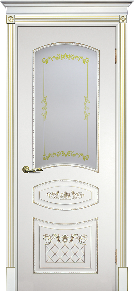Двери крашеные (Эмаль) ТЕКОНА Смальта 05 со стеклом Белый ral 9003 патина золото размер 200 х 90 см. артикул F0000052626
