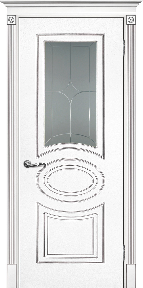 Двери крашеные (Эмаль) ТЕКОНА Смальта 03 со стеклом Белый ral 9003 патина серебро размер 200 х 60 см. артикул F0000054005