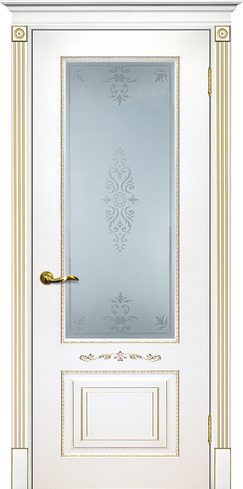 Двери крашеные (Эмаль) ТЕКОНА Смальта 04 со стеклом Белый ral 9003 патина золото размер 200 х 60 см. артикул F0000054072