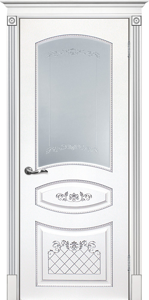Двери крашеные (Эмаль) ТЕКОНА Смальта 05 со стеклом Белый ral 9003 патина серебро размер 200 х 60 см. артикул F0000054080