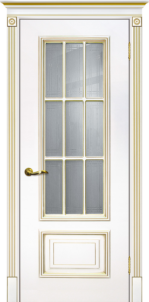 Двери крашеные (Эмаль) ТЕКОНА Смальта 08 со стеклом Белый ral 9003 патина золото размер 200 х 60 см. артикул F0000055203