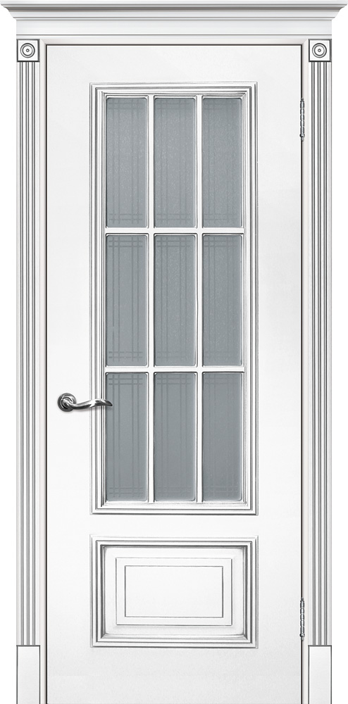 Двери крашеные (Эмаль) ТЕКОНА Смальта 08 со стеклом Белый ral 9003 патина серебро размер 200 х 90 см. артикул F0000055214