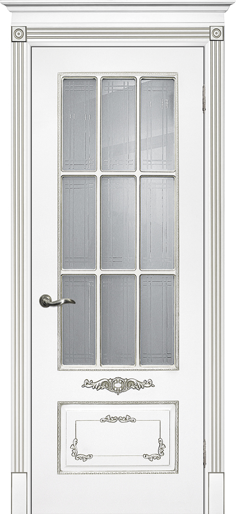 Двери крашеные (Эмаль) ТЕКОНА Смальта 09 со стеклом Белый ral 9003 патина серебро размер 200 х 60 см. артикул F0000055238