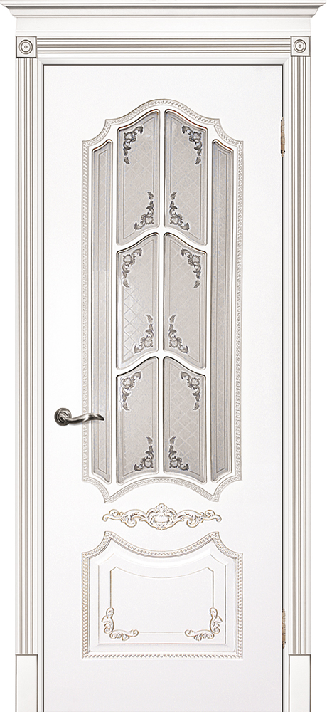 Двери крашеные (Эмаль) ТЕКОНА Смальта 10 со стеклом Белый ral 9003 патина серебро размер 200 х 60 см. артикул F0000055256