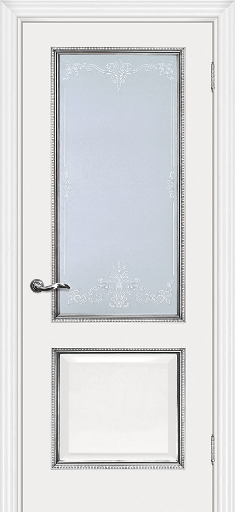 Двери ЭКОШПОН, ПВХ МАРИАМ Мурано-1 со стеклом белый, патина серебро