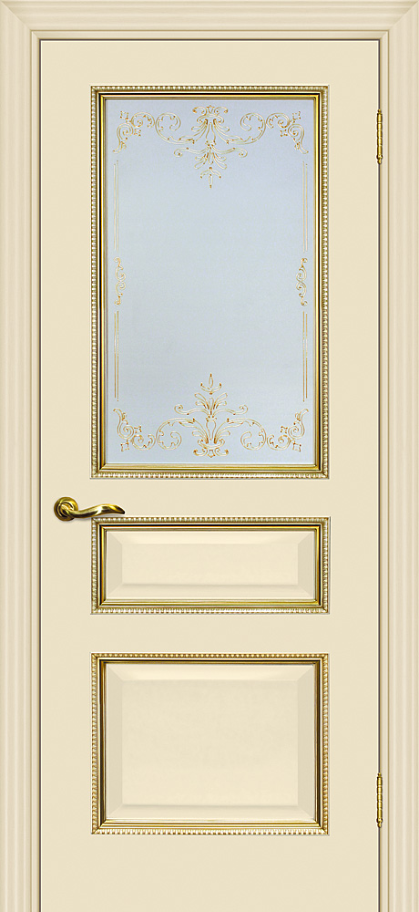 Двери ЭКОШПОН, ПВХ МАРИАМ Мурано-2 со стеклом магнолия, патина золото