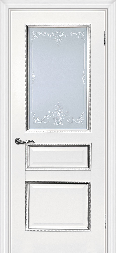Двери ЭКОШПОН, ПВХ МАРИАМ Мурано-2 со стеклом белый, патина серебро
