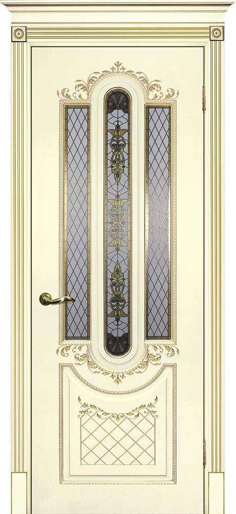 Двери крашеные (Эмаль) ТЕКОНА Смальта 13 со стеклом Слоновая кость ral 1013 патина золото