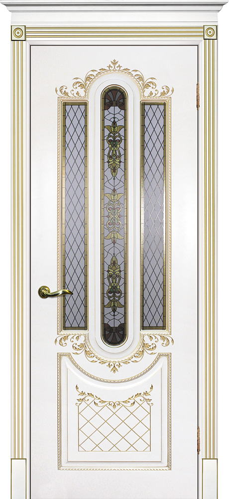 Двери крашеные (Эмаль) ТЕКОНА Смальта 13 со стеклом Белый ral 9003 патина золото размер 200 х 60 см. артикул F0000060116
