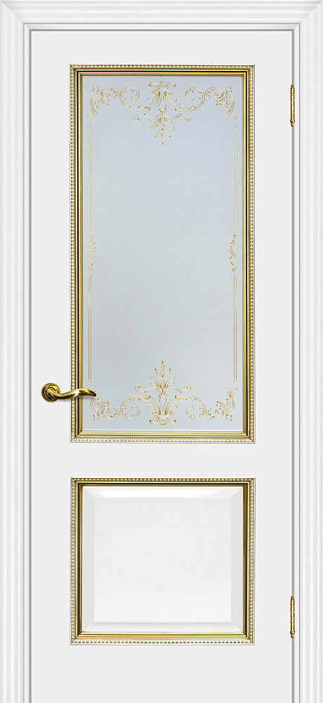 Двери ЭКОШПОН, ПВХ МАРИАМ Мурано-1 со стеклом белый, патина золото