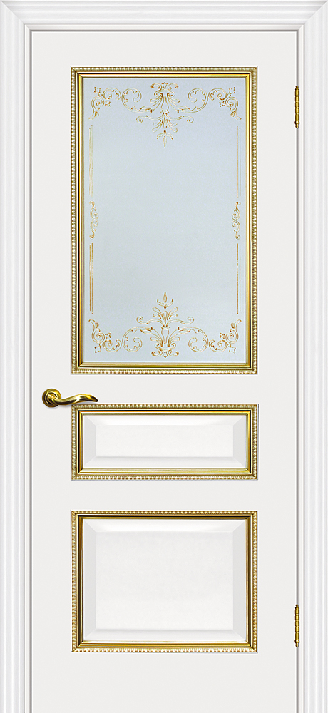 Двери ЭКОШПОН, ПВХ МАРИАМ Мурано-2 со стеклом белый, патина золото