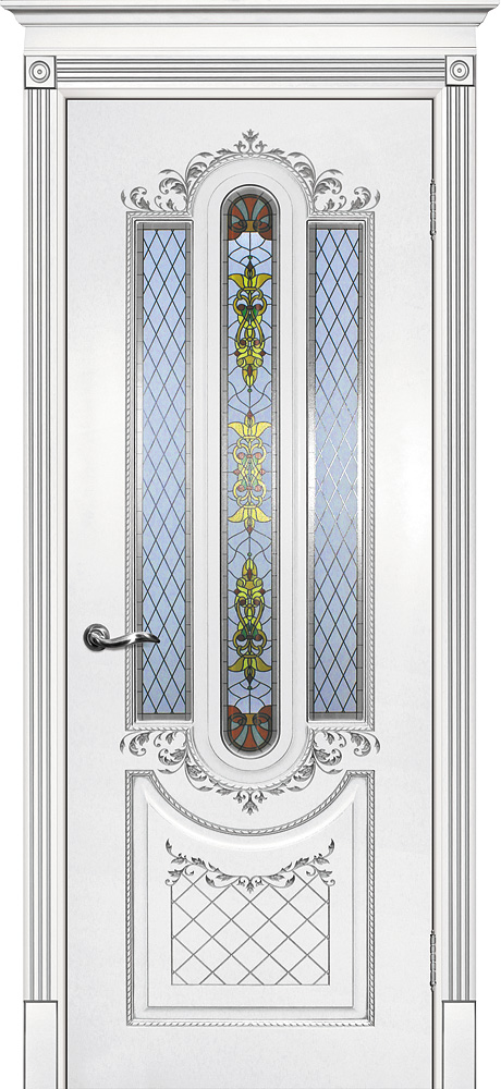 Двери крашеные (Эмаль) ТЕКОНА Смальта 13 со стеклом Белый ral 9003 патина серебро размер 200 х 70 см. артикул F0000061088