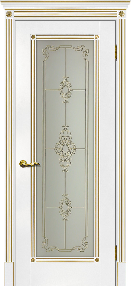 Двери ЭКОШПОН, ПВХ МАРИАМ Флоренция-1 со стеклом белый, патина золото