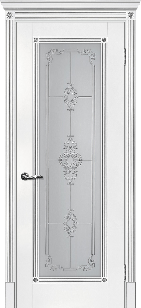 Двери ЭКОШПОН, ПВХ МАРИАМ Флоренция-1 со стеклом белый, патина серебро