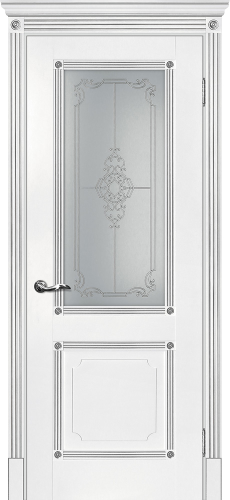Двери ЭКОШПОН, ПВХ МАРИАМ Флоренция-2 со стеклом белый, патина серебро
