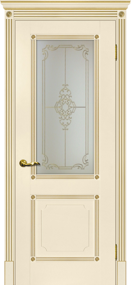 Двери ЭКОШПОН, ПВХ МАРИАМ Флоренция-2 со стеклом магнолия, патина золото