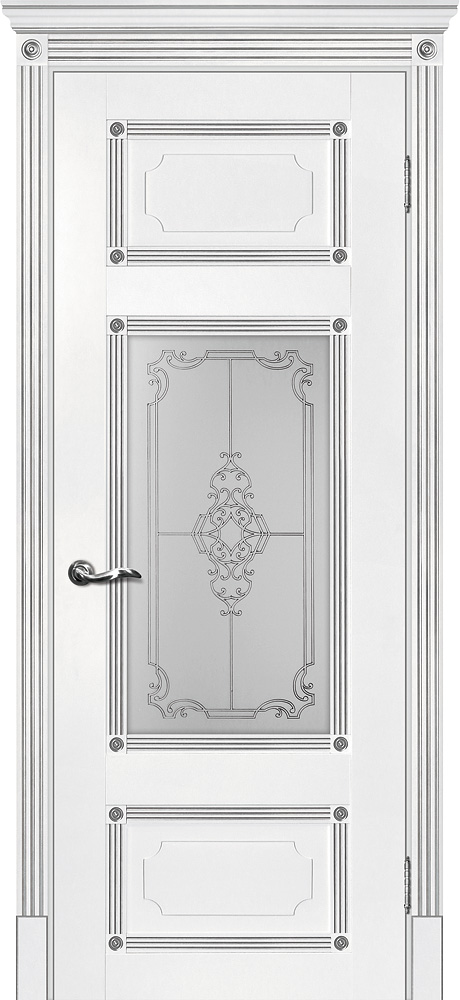 Двери ЭКОШПОН, ПВХ МАРИАМ Флоренция-3 со стеклом белый, патина серебро