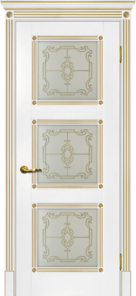 Двери ЭКОШПОН, ПВХ МАРИАМ Флоренция-4 со стеклом белый, патина золото