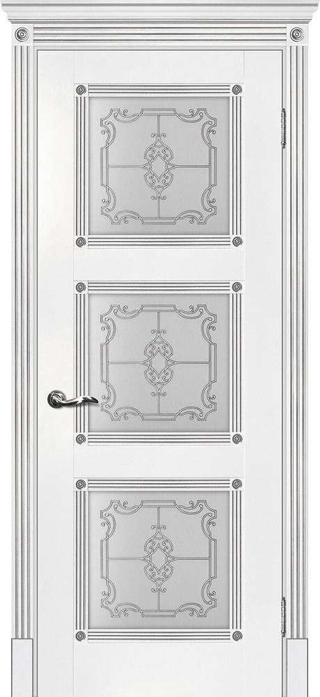 Двери ЭКОШПОН, ПВХ МАРИАМ Флоренция-4 со стеклом белый, патина серебро