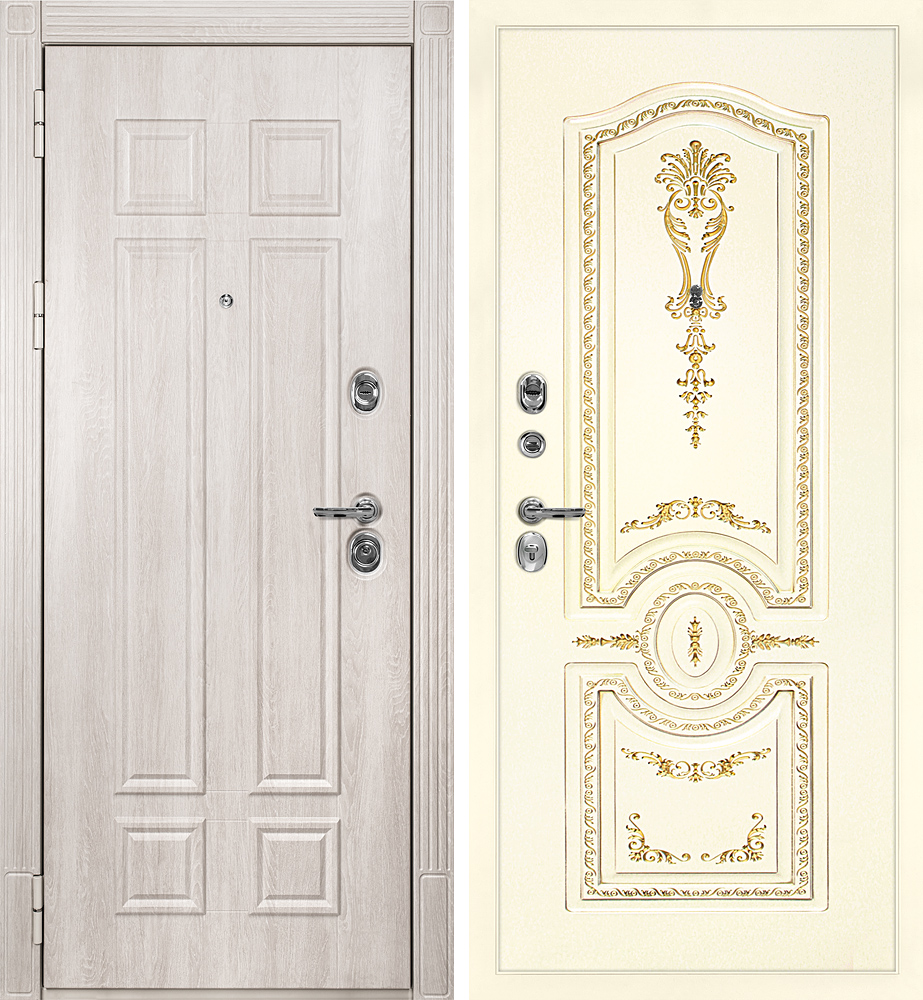 Дверь Гера-2 / Смальта-11 Дуб Филадельфия крем / Слоновая кость ral 1013 патина золото