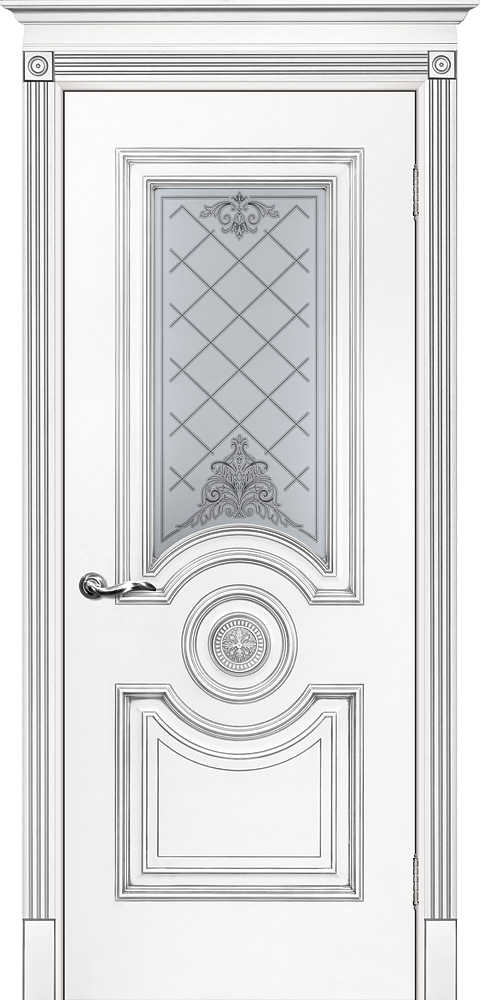 Двери крашеные (Эмаль) ТЕКОНА Смальта 18 со стеклом Белый ral 9003 патина серебро размер 200 х 60 см. артикул F0000073975