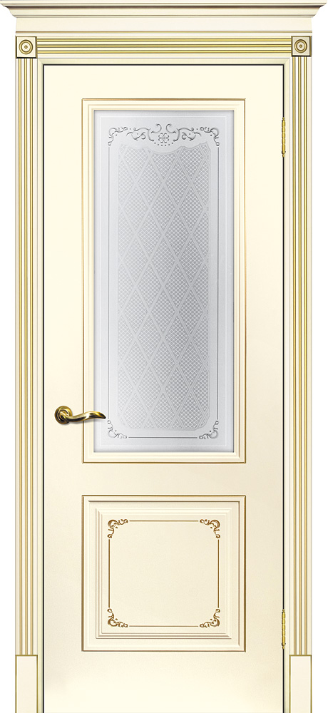 Двери крашеные (Эмаль) ТЕКОНА Смальта 14 со стеклом Слоновая кость ral 1013 патина золото