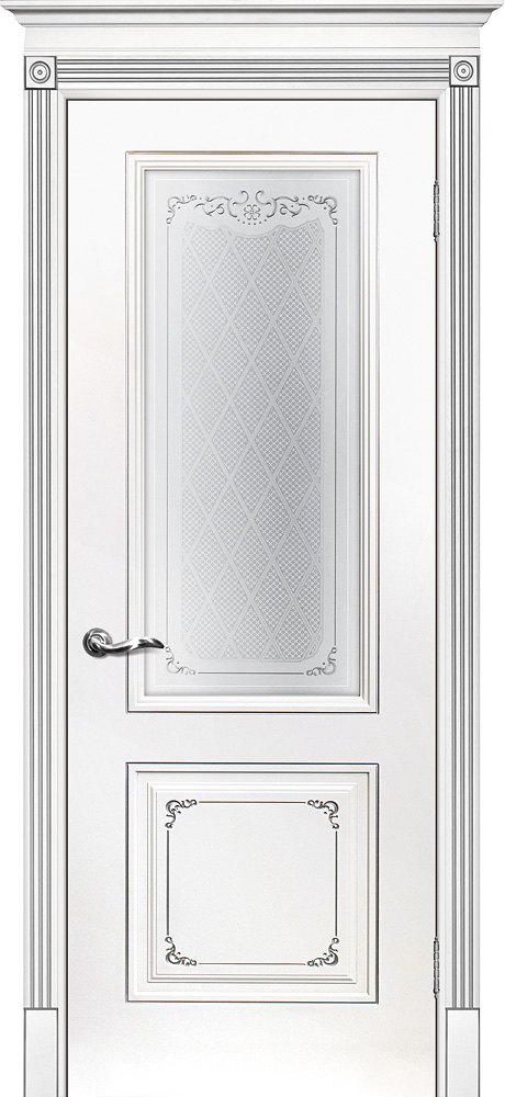 Двери крашеные (Эмаль) ТЕКОНА Смальта 14 со стеклом Белый ral 9003 патина серебро размер 200 х 60 см. артикул F0000074482