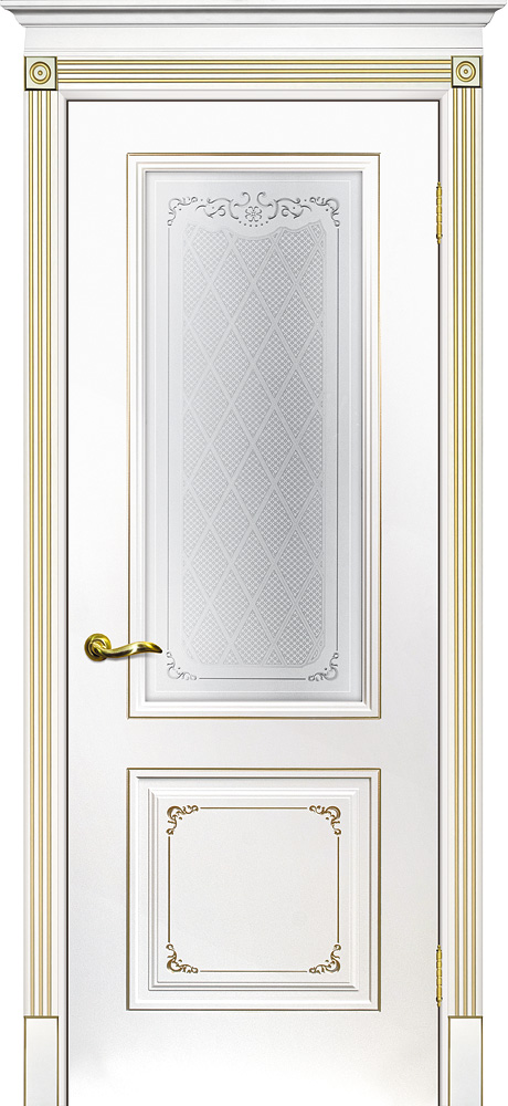 Двери крашеные (Эмаль) ТЕКОНА Смальта 14 со стеклом Белый ral 9003 патина золото размер 200 х 60 см. артикул F0000074492