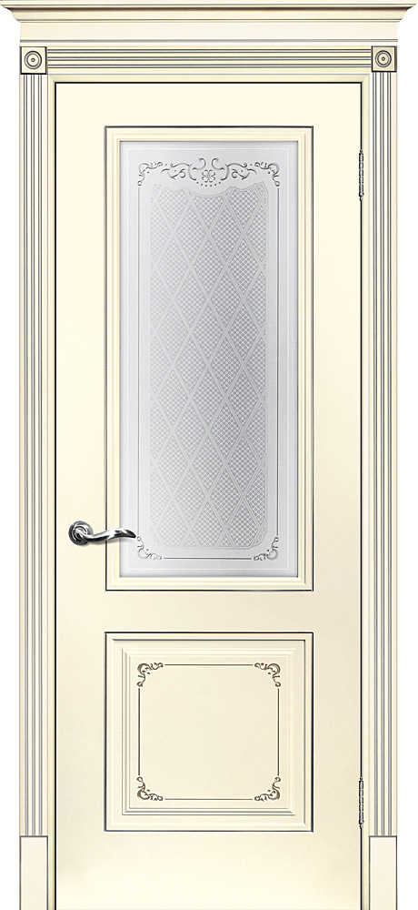 Двери крашеные (Эмаль) ТЕКОНА Смальта 14 со стеклом Слоновая кость ral 1013 патина серебро