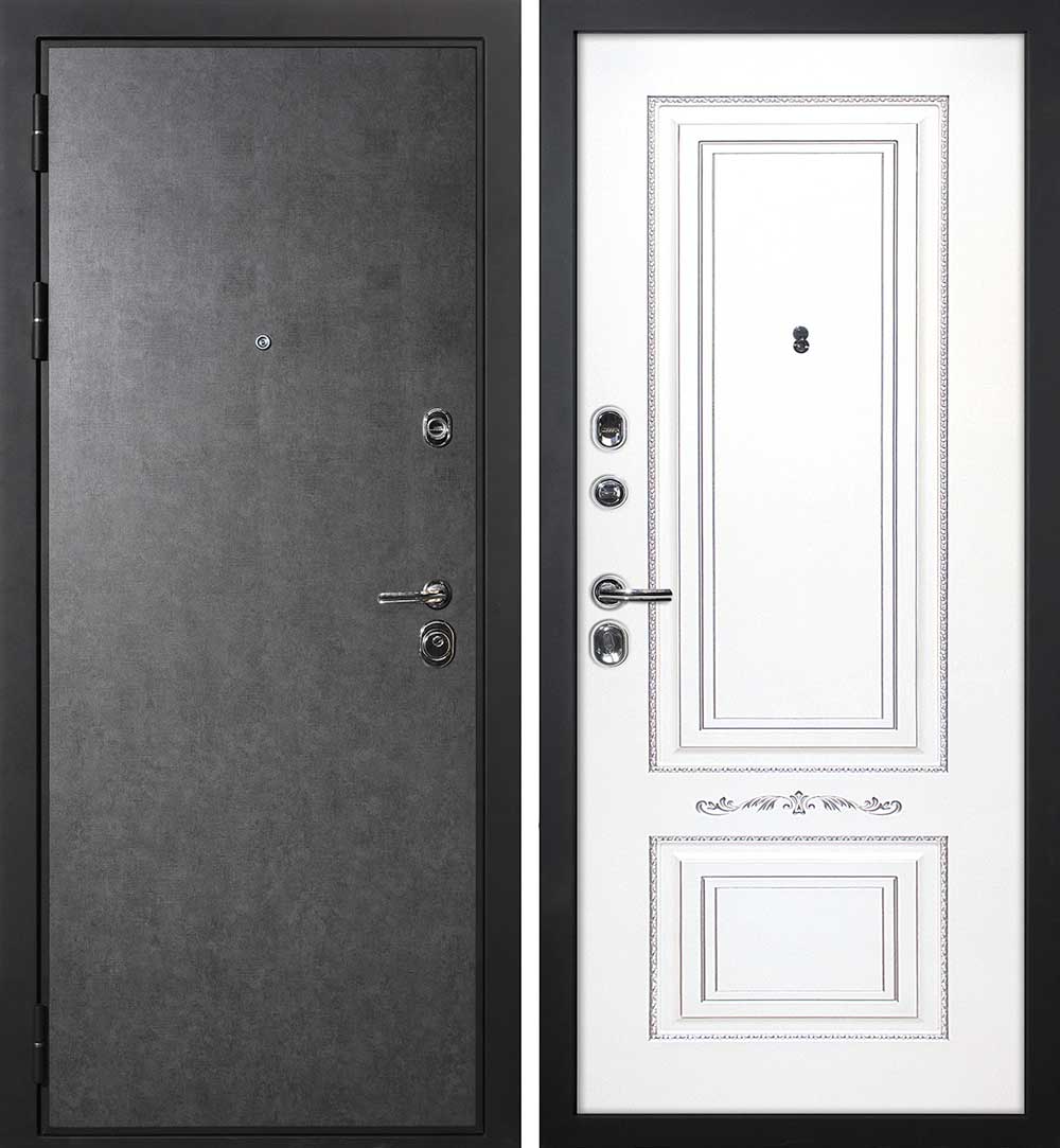 Дверь ДМ П-2/1 / Смальта-04 Штукатурка графит / Белый ral 9003  патина серебро