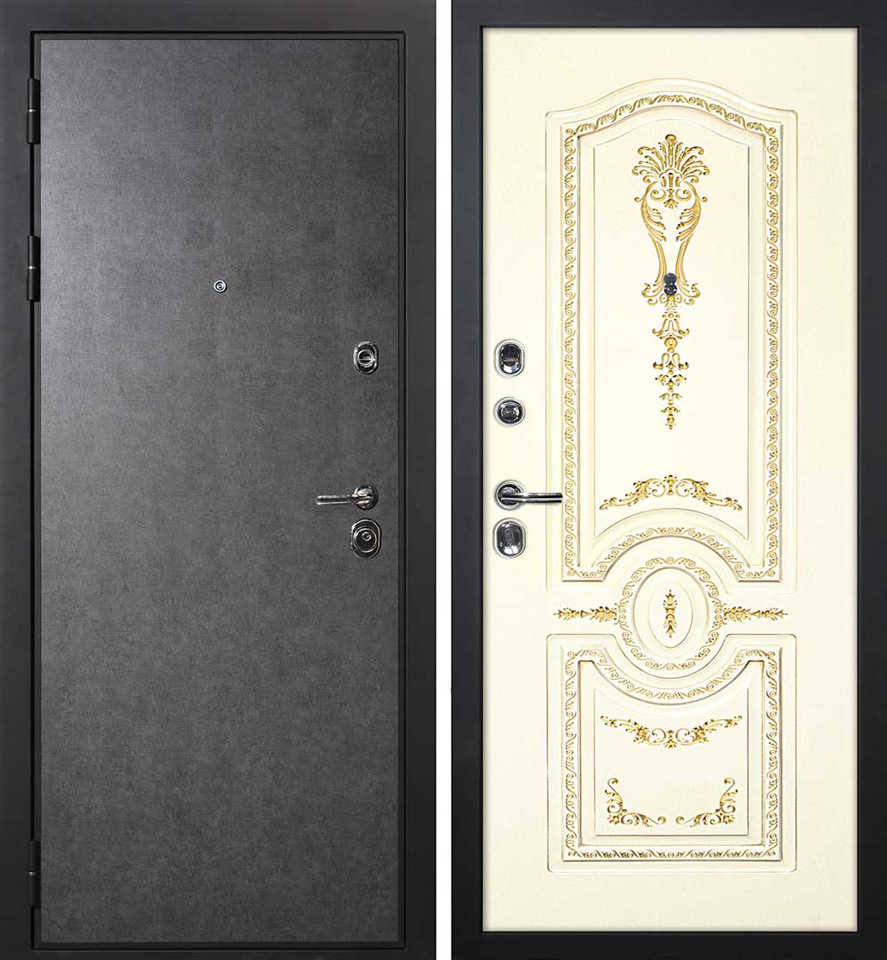 Дверь ДМ П-2/1 / Смальта-11 Штукатурка графит / Слоновая кость ral 1013 патина золото