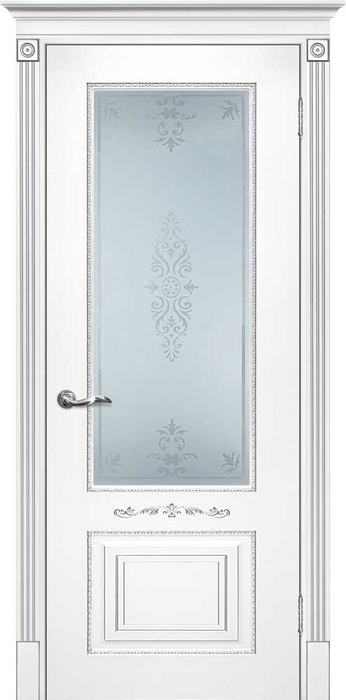Двери крашеные (Эмаль) ТЕКОНА Смальта 04 со стеклом Белый ral 9003 патина серебро размер 200 х 60 см. артикул F0000093378