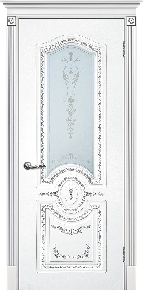 Двери крашеные (Эмаль) ТЕКОНА Смальта 11 со стеклом Белый ral 9003 патина серебро размер 200 х 60 см. артикул F0000093390