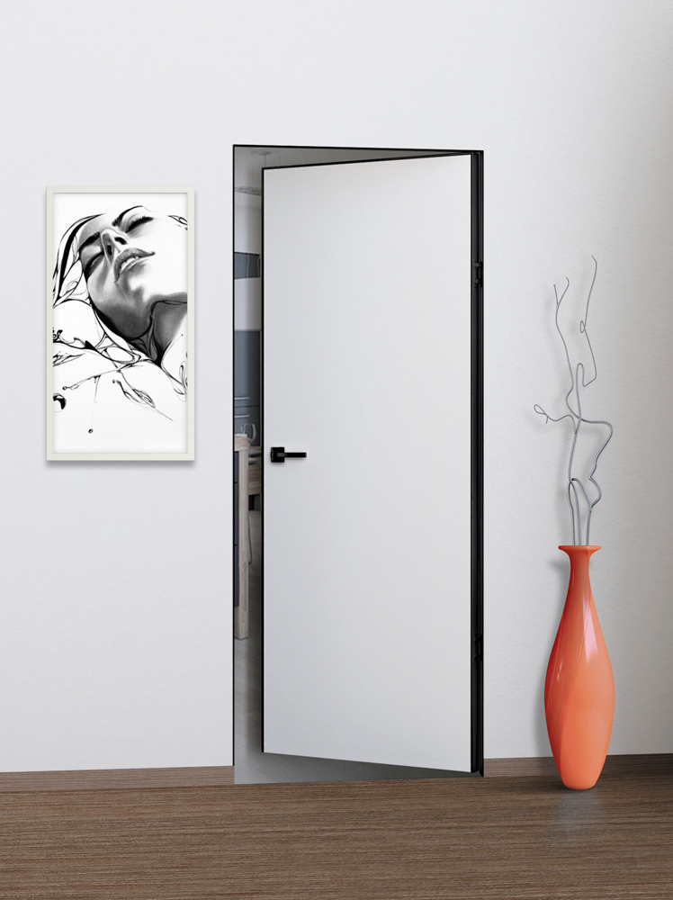Двери под покраску INVISIBLE STABILE PORTE Фьюжн REVERS, кромка AL черная с 3-х сторон глухое белый грунт размер 200 х 60 см. артикул F0000105514